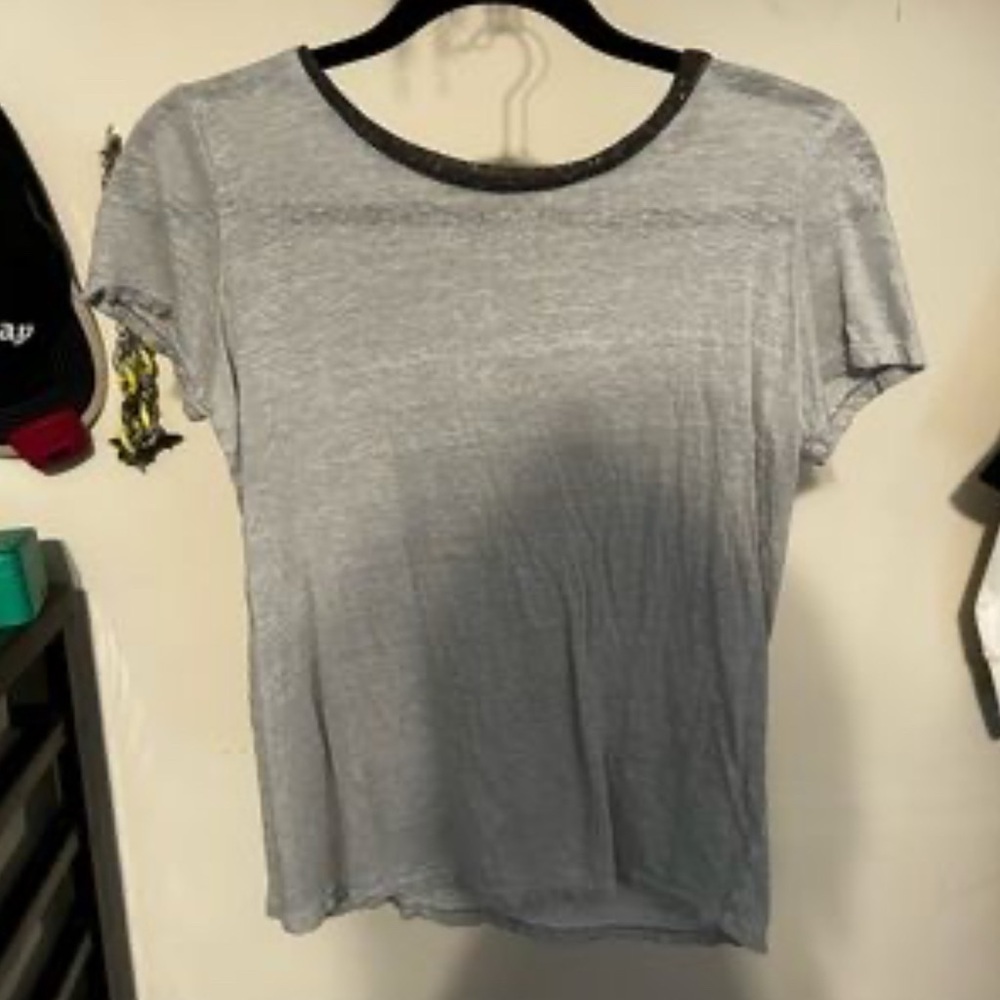 Maje Tellor Linen T-Shirt with Beaded Neckline, Grey/Silver - Size 1 (Small)